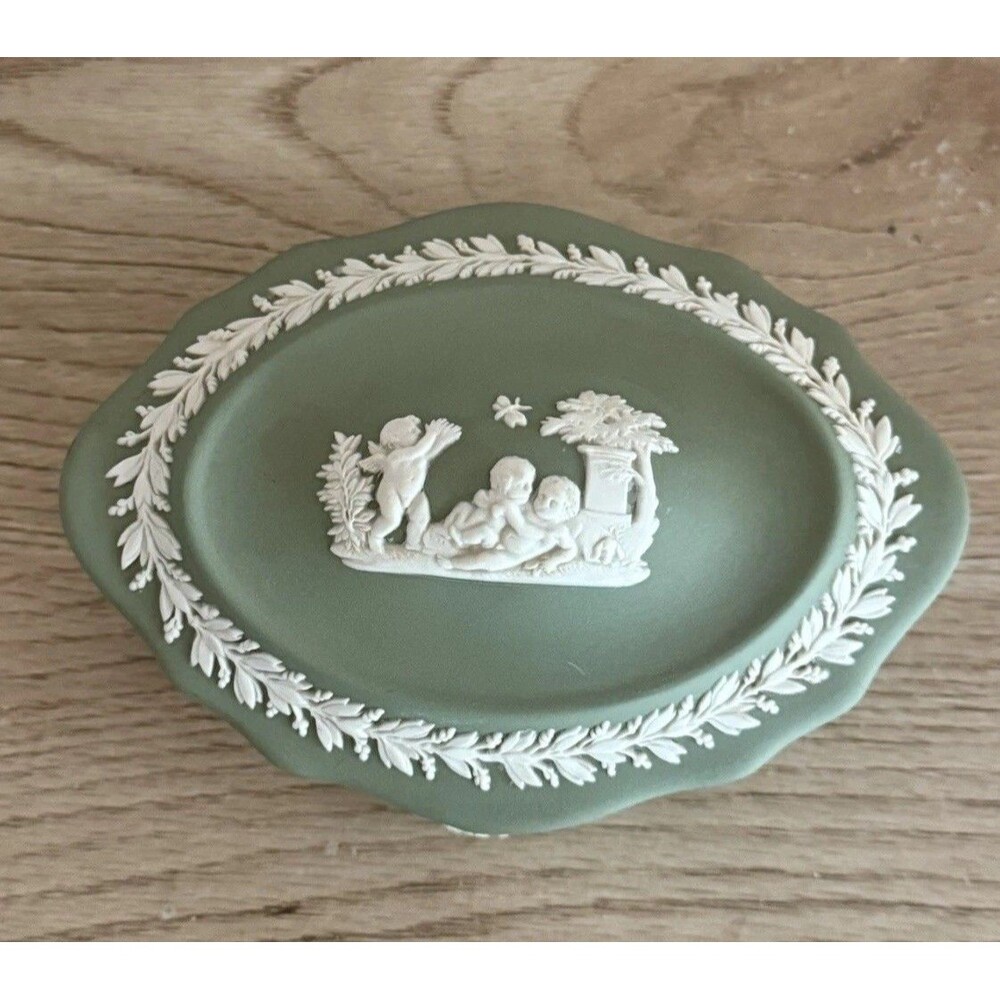 Wedgwood Jasperware Green Oval Trinket Box Cherub And Trees